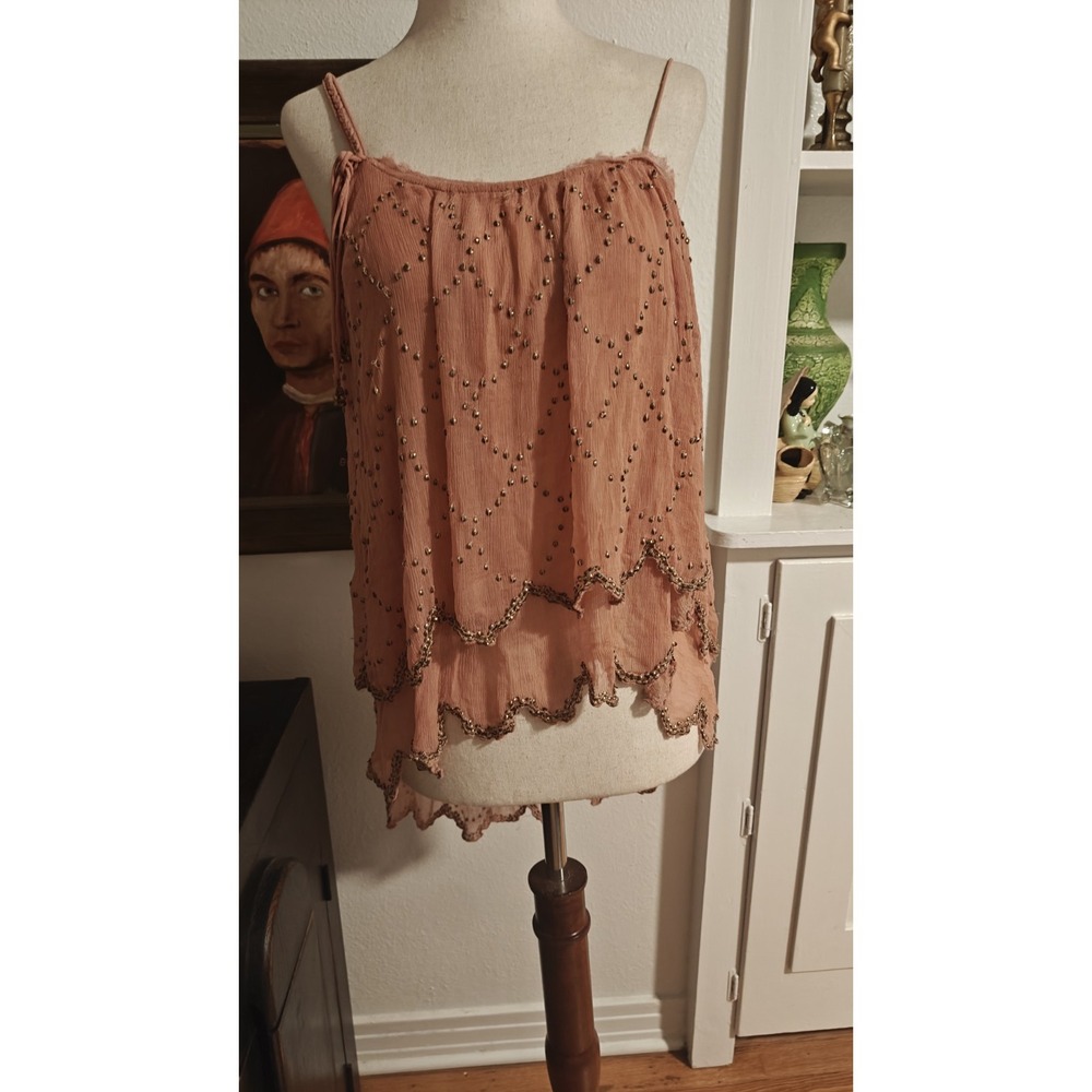 Free People Fairy dust Tank Top Beaded Gauzy Sz Med Pink - Picture 10 of 10